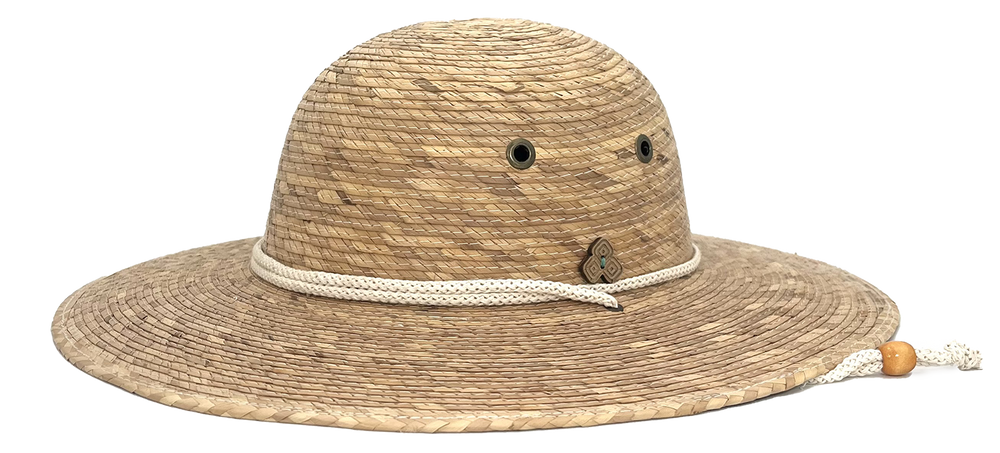 Front view of Anya Palm Straw Sun Hat with wide brim and adjustable chin strap, handmade from sustainable palm straw.