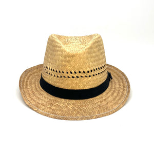 Front view of the Cinnamon Charlie Fedora, sustainable straw hat with black cotton twill band and coconut button.