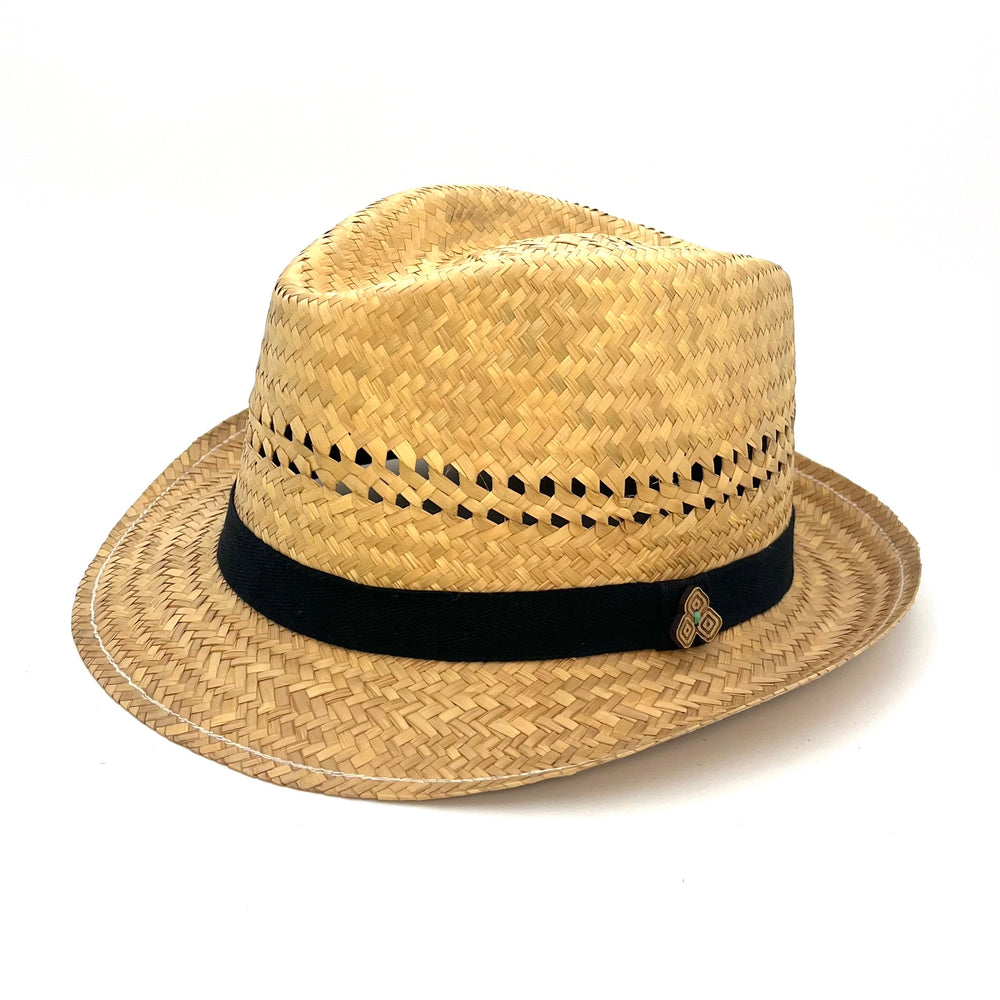 Side profile of Cinnamon Charlie Fedora straw hat, featuring tear drop crown and eco-friendly materials.