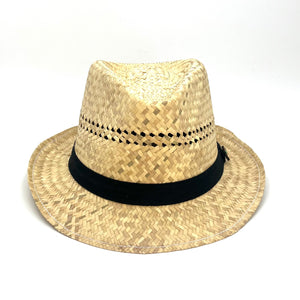 Front view of the Charlie Fedora, sustainable straw hat with black cotton twill band and coconut button.