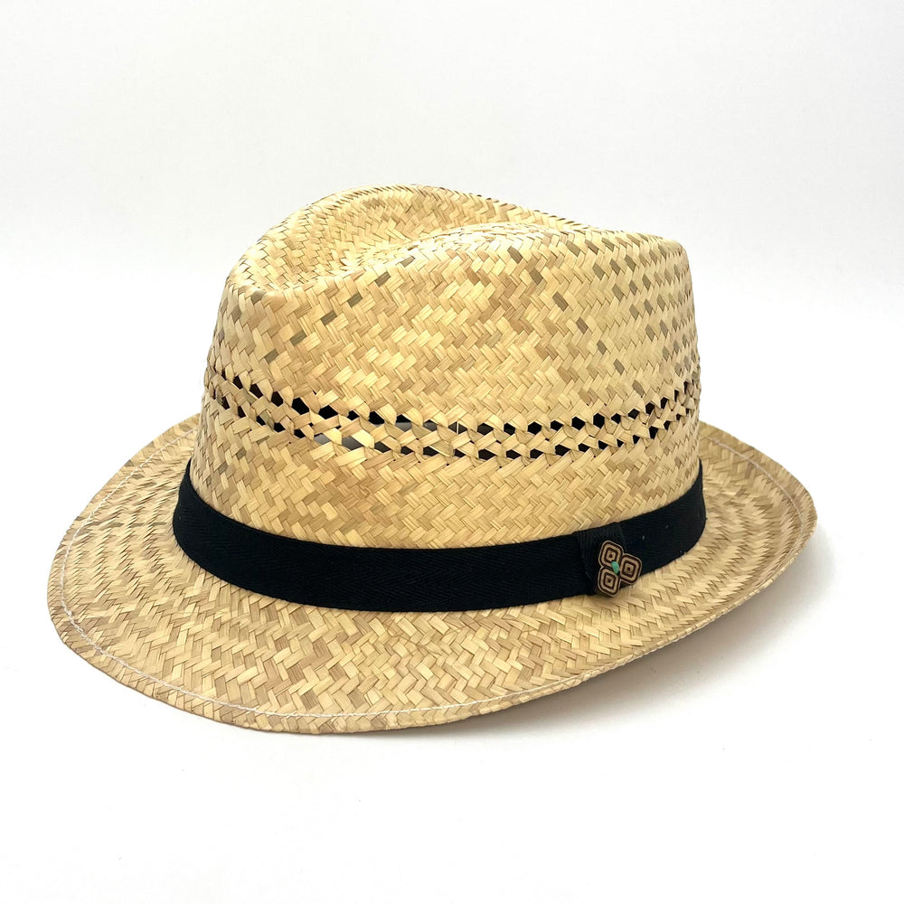 Side profile of Charlie Fedora straw hat, featuring tear drop crown and eco-friendly materials.