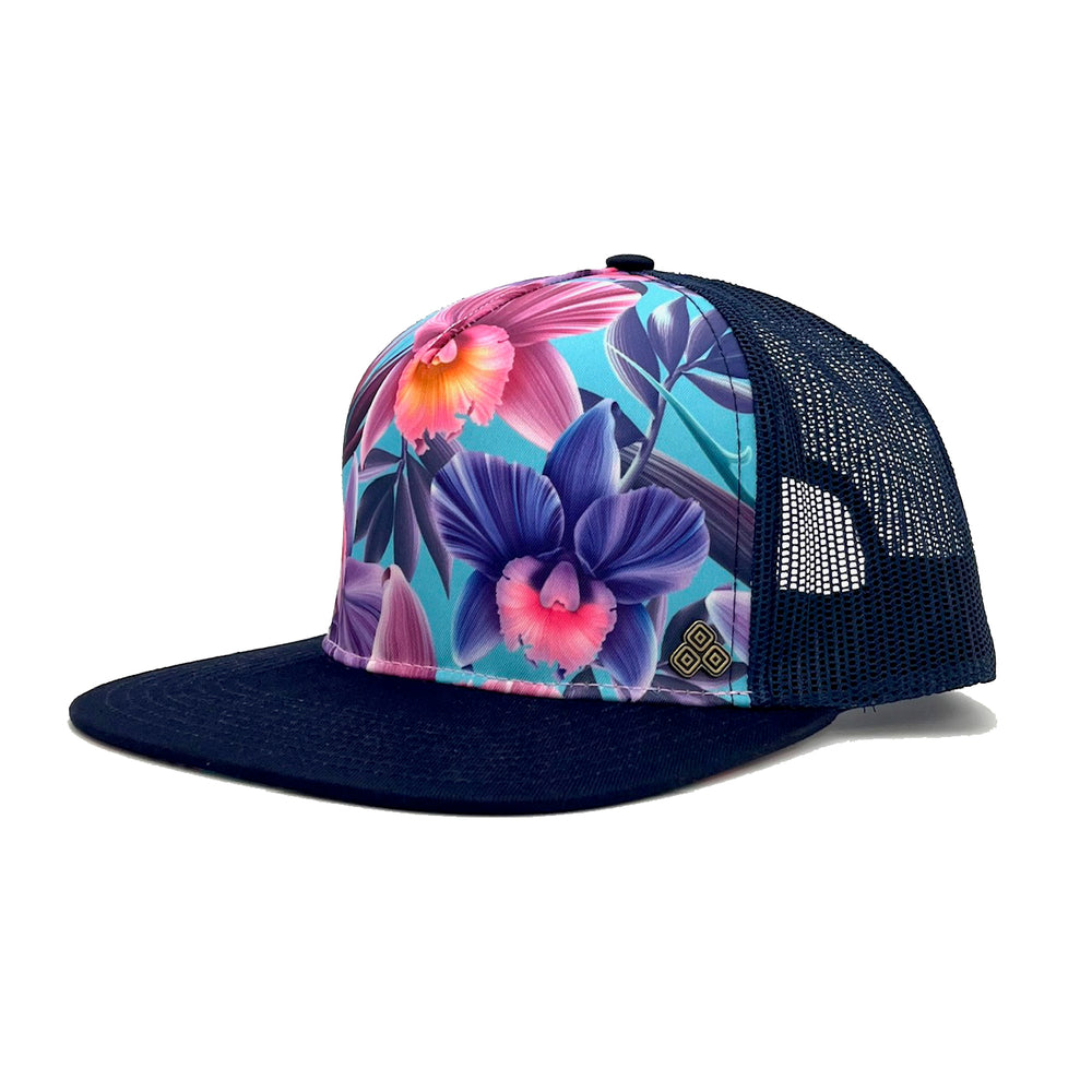 Side view of Floral Orchid Trucker Hat, eco-friendly mesh cap with floral design.