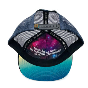 Underside view of the Horizon Juniper Trucker Hat, highlighting durable construction, soft interior, and flat brim.