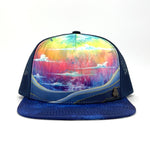 Front view of the Horizon Rainbow Trucker Hat featuring rainbow artwork by Johnny Dutro, mesh back, and adjustable snap.