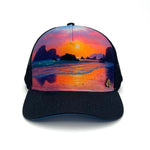 Front view of the Horizon Trinidad Trucker Hat featuring artwork by Jeff Stanley, breathable mesh, and adjustable snap closure.