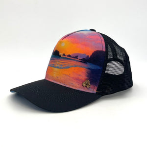 Side profile of the Horizon Trinidad Trucker Hat, highlighting its structured eco-friendly fit and graphic design.