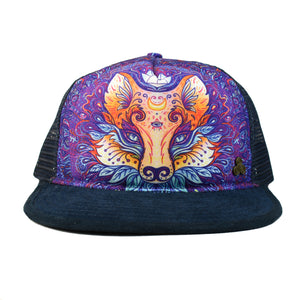 Front view of the Mystical Fox Trucker Hat, featuring a graphic print, breathable mesh back, and adjustable snap closure.