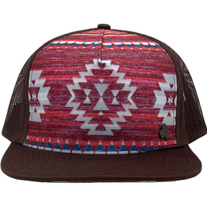 Front view of the Nu Tribe Burgundy Trucker Hat with Southwestern pattern, breathable mesh, and adjustable snap closure.