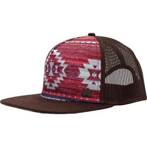 Side profile of the Nu Tribe Burgundy Trucker Hat, featuring eco-friendly materials and detailed burgundy design.