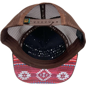 Underside view of the Nu Tribe Burgundy Trucker Hat, showing durable construction, soft interior, and flat brim.