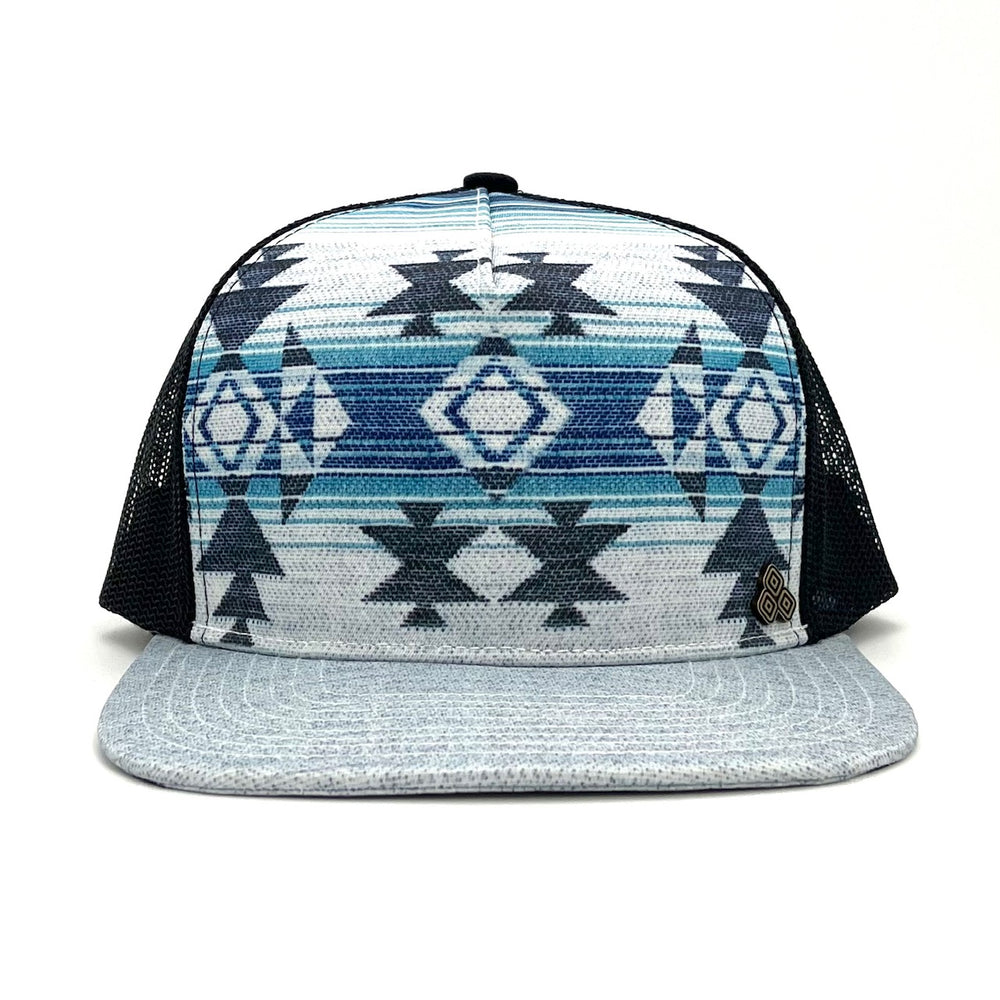 Front view of the Nu Tribe Grey Trucker Hat with a Southwestern pattern, mesh back, and adjustable snap closure.