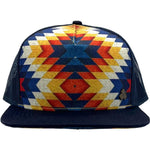 Front view of the Santa Fe Trucker Hat with bold graphic print, breathable mesh back, and adjustable snap closure.