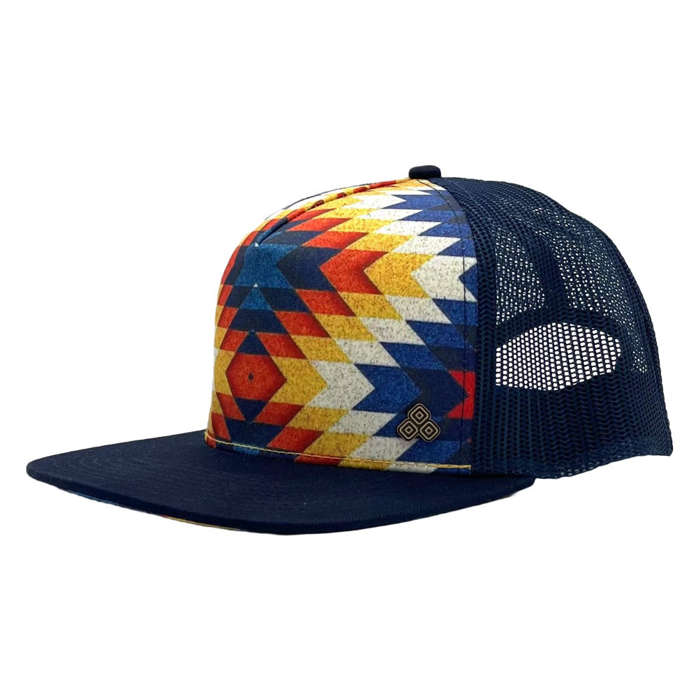 Side profile of the Santa Fe Trucker Hat, showcasing eco-friendly materials, breathable mesh, and detailed print.