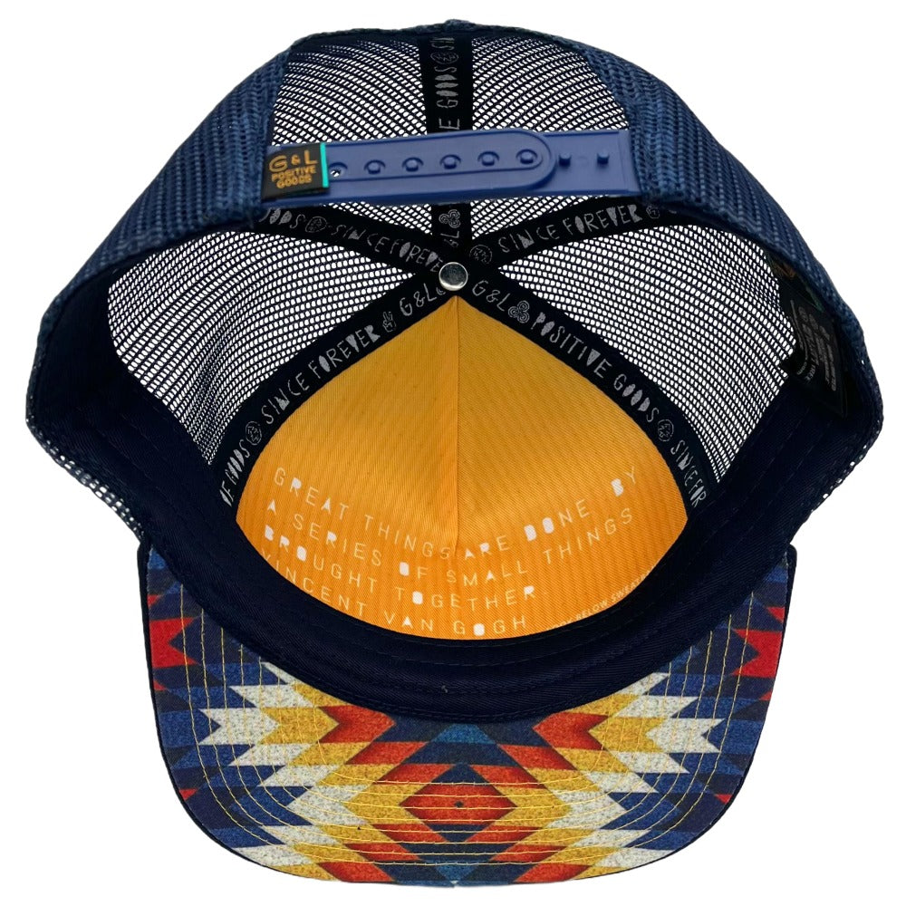 Underside view of the Santa Fe Trucker Hat, highlighting flat brim design and durable construction.