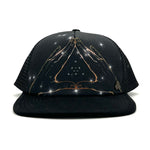 Front view of the Visions Cosmos Trucker Hat, featuring cosmic graphic print, eco-friendly mesh back, and adjustable snap.