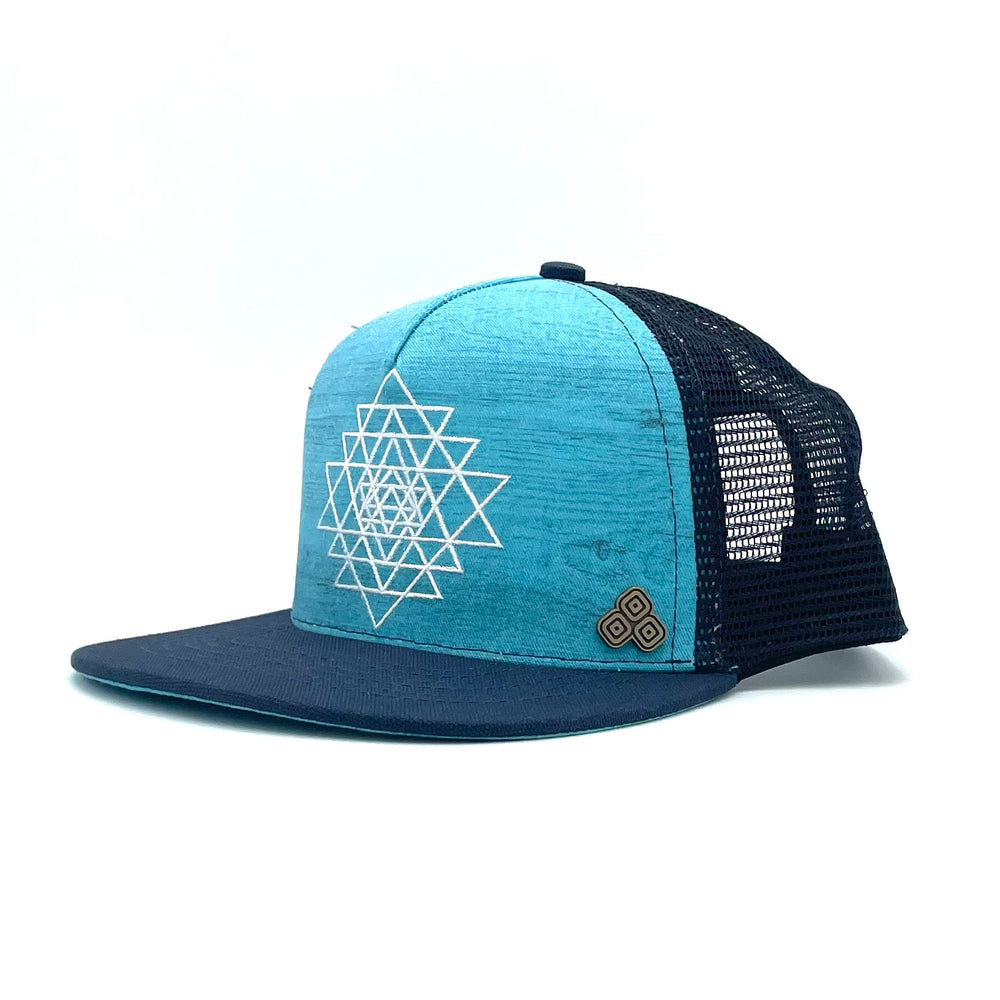 Side profile of the Visions Sky Trucker Hat, featuring eco-friendly materials, mesh back, and detailed cosmic design.