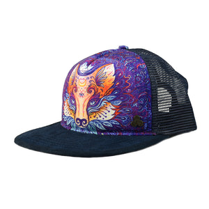 Side profile of the Mystical Fox Trucker Hat, showing its structured fit, eco-friendly materials, and stylish artwork.