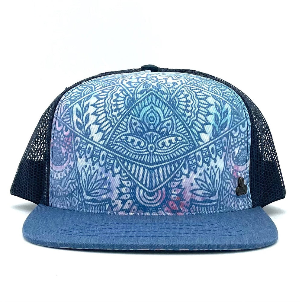 Front view of the Zen Doodle Trucker Hat with hand-drawn mandala print, breathable mesh back, and adjustable snap closure.