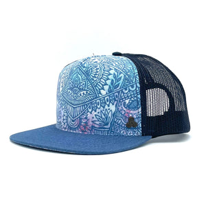 Side profile of the Zen Doodle Trucker Hat, featuring eco-friendly materials, mesh back, and artistic design.